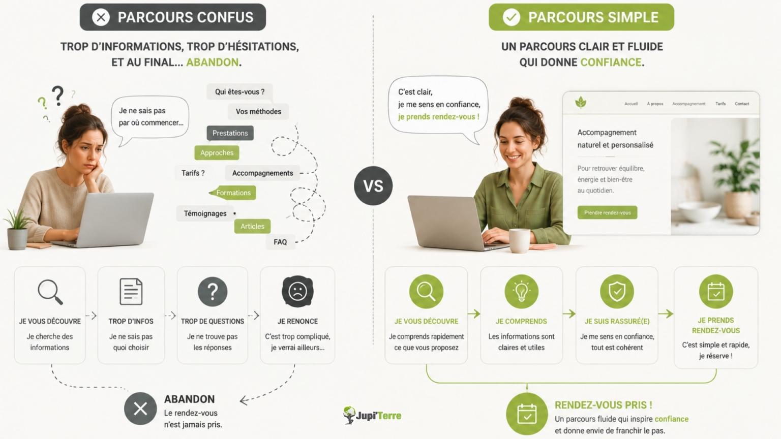 Parcours d'un futur client de la découverte d'un praticien jusqu'à la prise de rendez-vous.