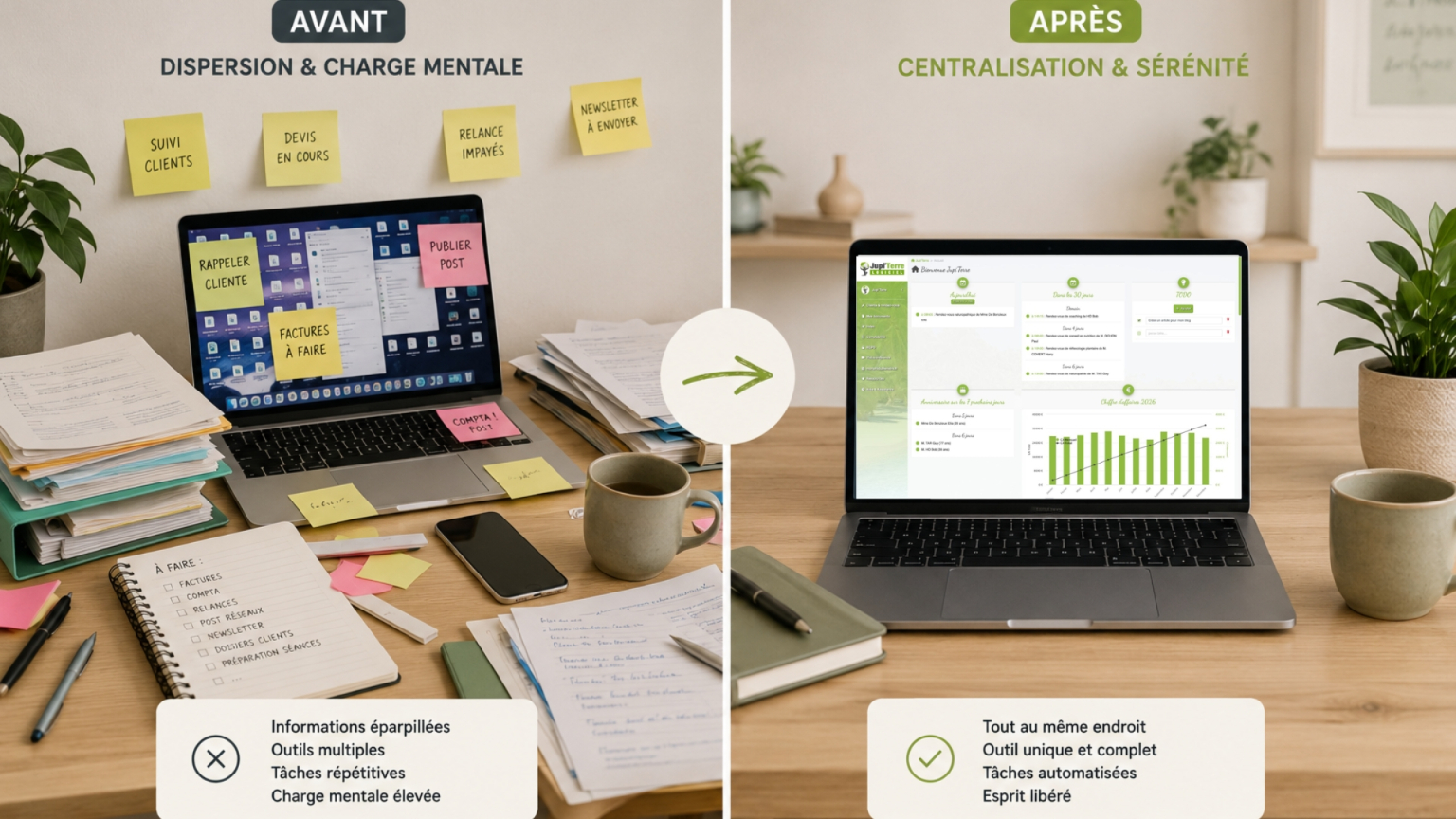 Organisation d'un cabinet avant et après la centralisation de sa gestion avec Jupi'Terre.