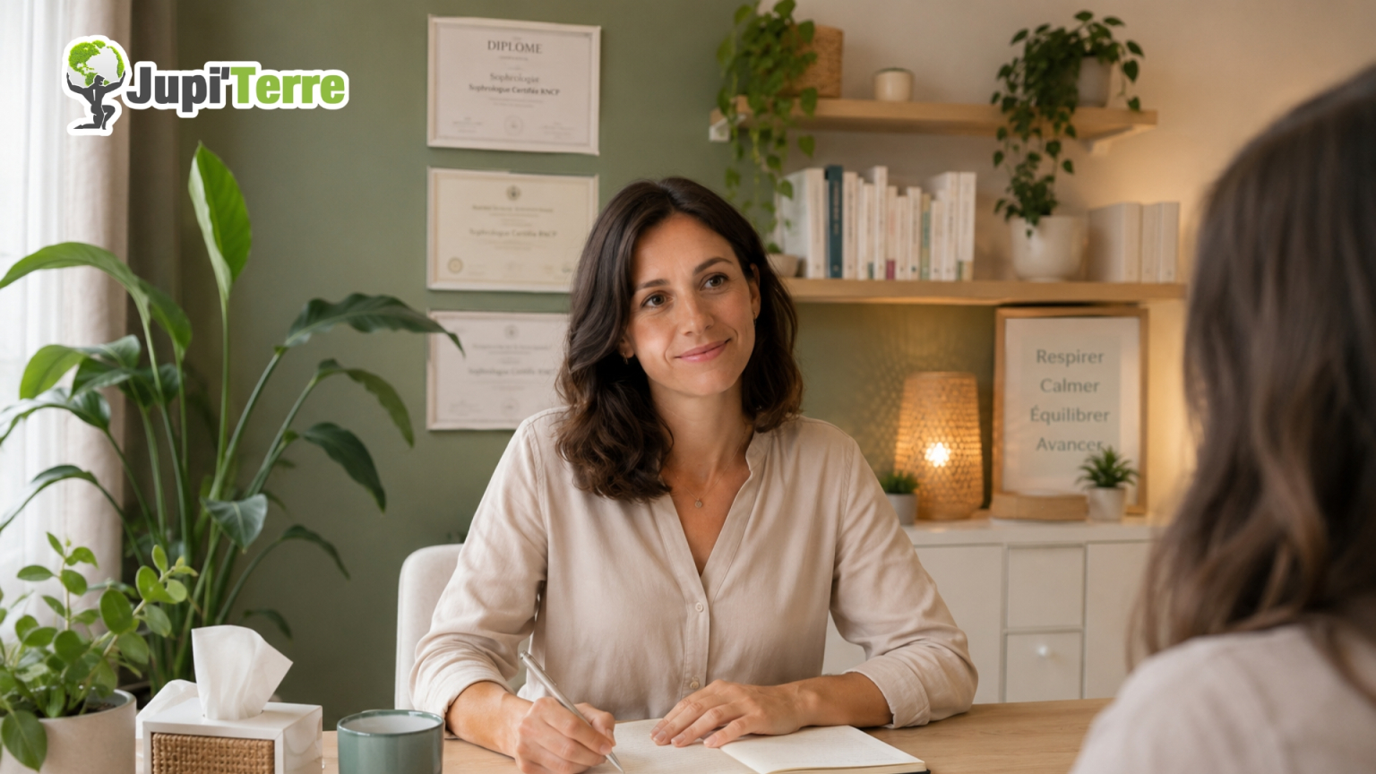 Sophrologue accueillant une cliente dans un cabinet professionnel et apaisant