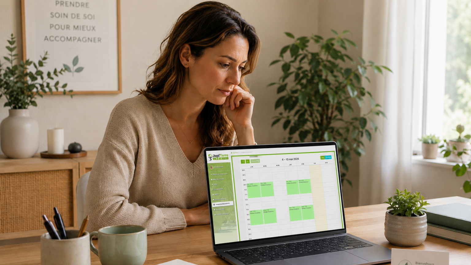 Praticienne assise dans un cabinet lumineux et chaleureux, observant un agenda presque vide affiché sur son ordinateur portable. L'espace est épuré, naturel et professionnel, avec des tons beige, vert doux et gris clair.