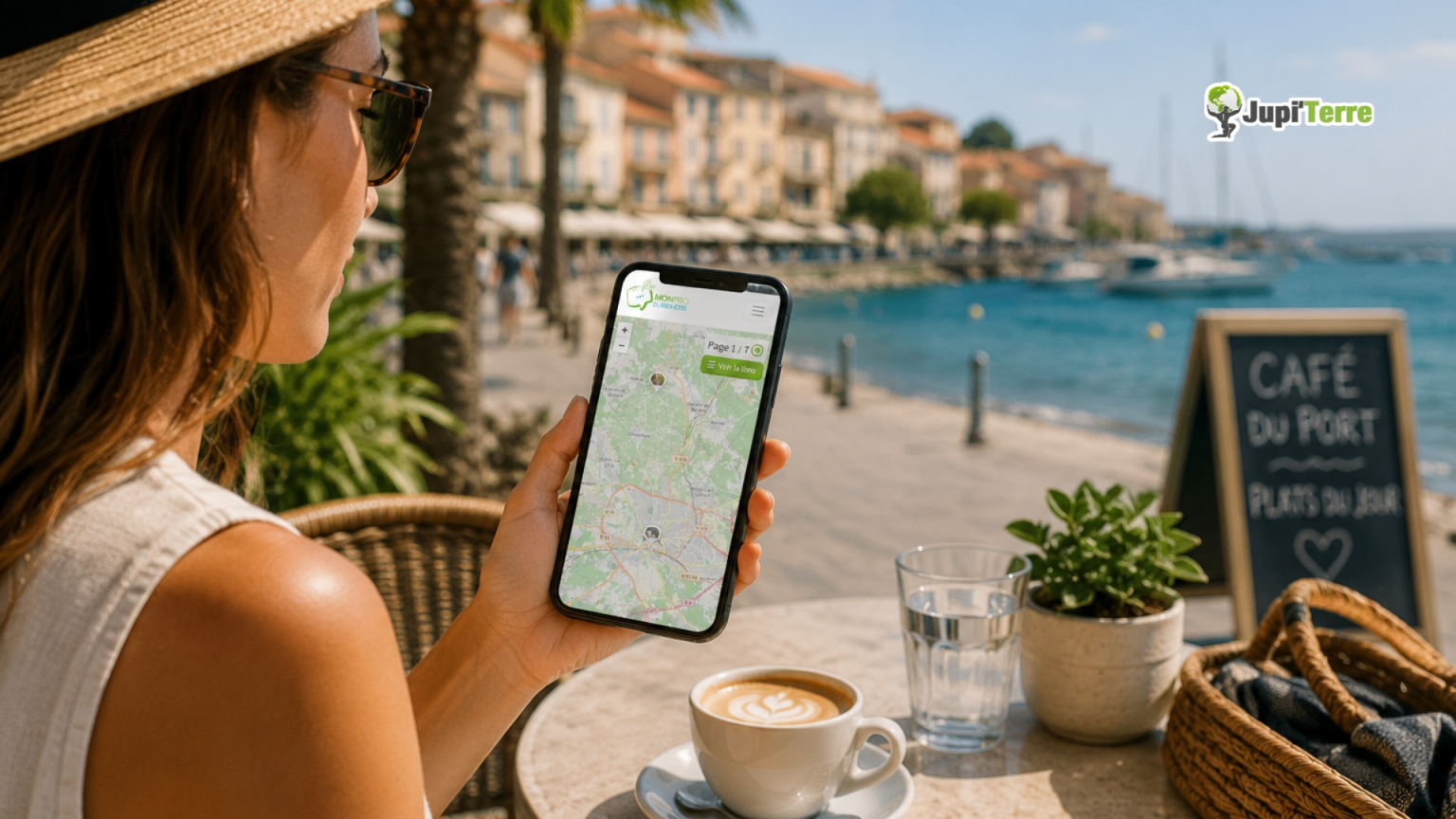 Vacancier recherchant un praticien sur son téléphone pendant ses vacances.