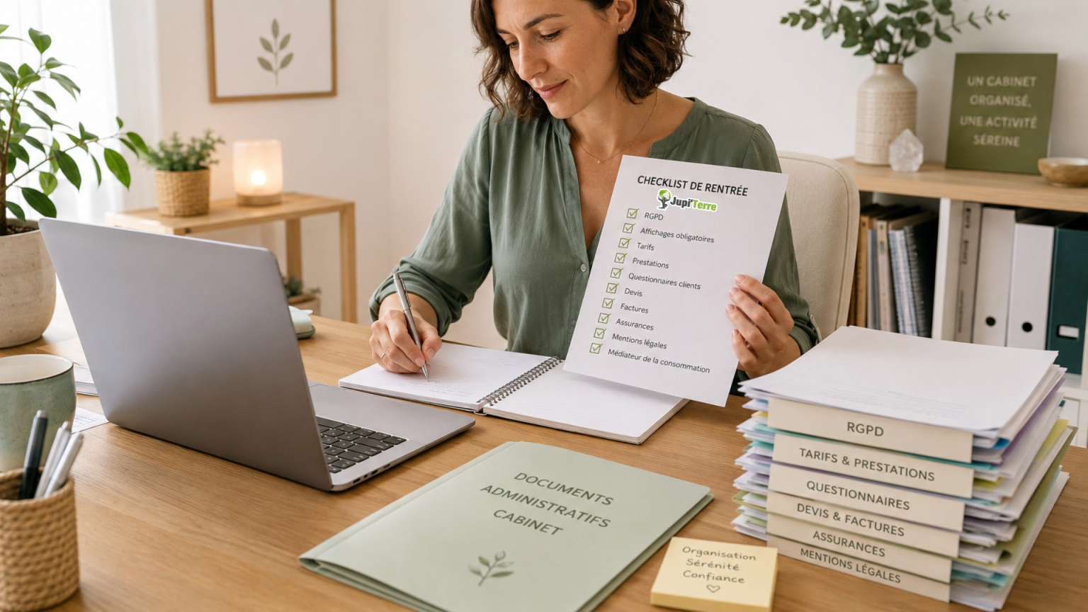 Praticienne vérifiant les documents et obligations de son cabinet avant la rentrée.