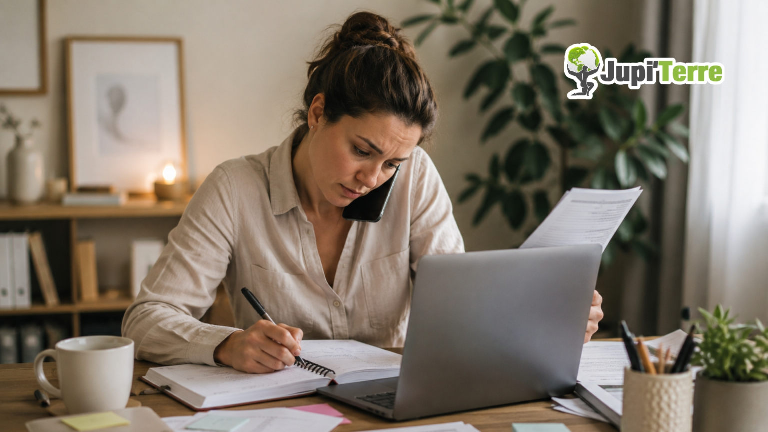 Praticienne travaillant à son bureau entre téléphone, ordinateur portable et documents administratifs, avec une légère fatigue visible. L'ambiance est chaleureuse, professionnelle et apaisante, dans des tons naturels beige et vert doux.