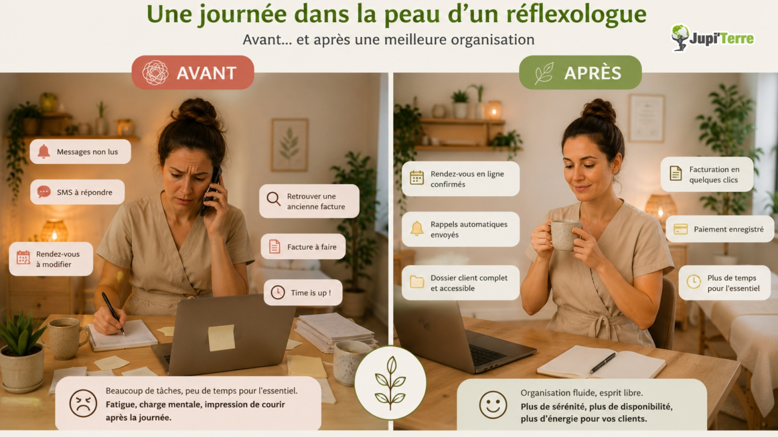 Comparaison entre une journée de réflexologue avant et après une meilleure organisation du cabinet.