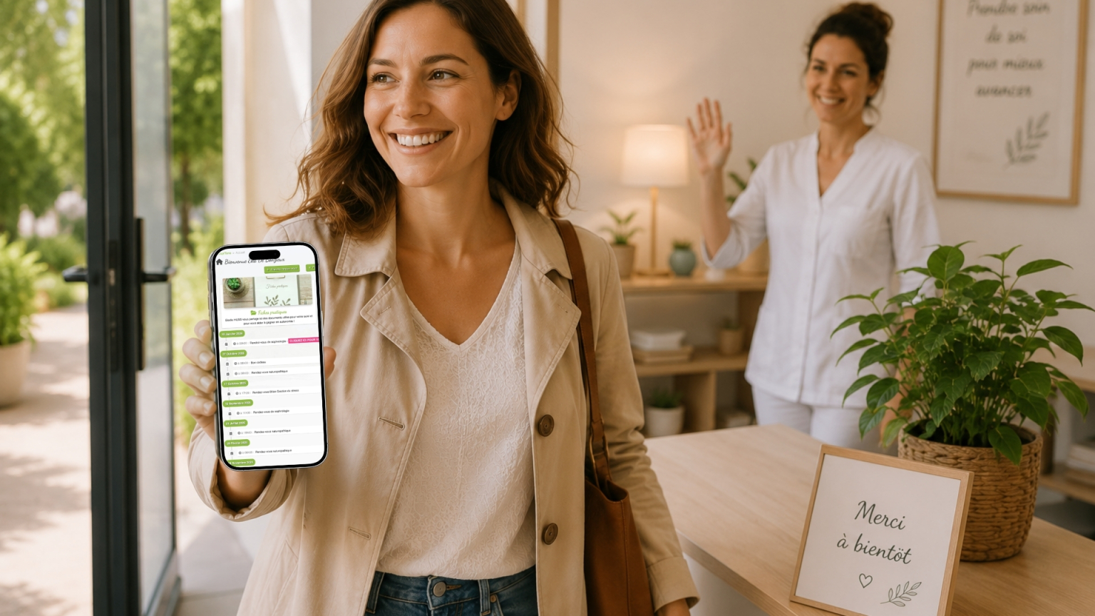 Cliente quittant un cabinet rassurée avec son suivi disponible sur son téléphone.