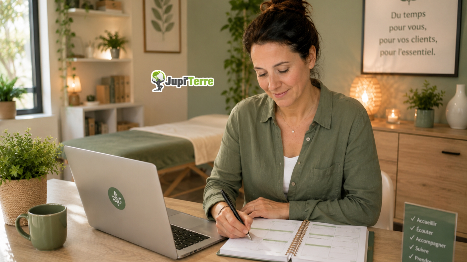 Praticienne du bien-être sereine dans un cabinet lumineux et bien organisé, utilisant un ordinateur et un agenda papier dans une ambiance naturelle aux tons verts et beiges.