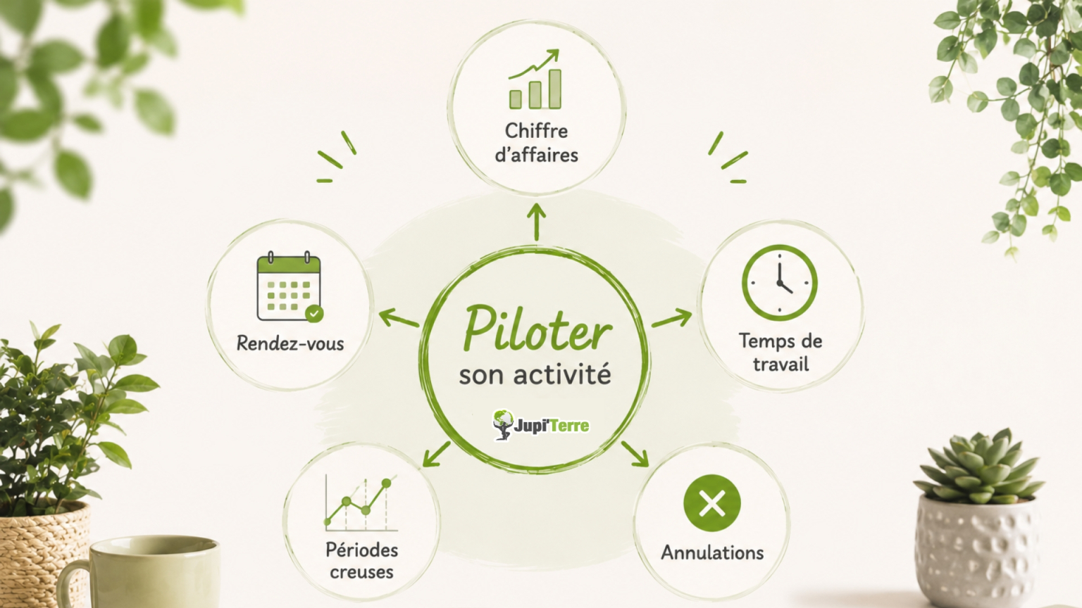 Infographie montrant les principaux indicateurs à suivre pour piloter une activité de praticien&nbsp;: chiffre d'affaires, rendez-vous, temps de travail, périodes creuses et annulations.