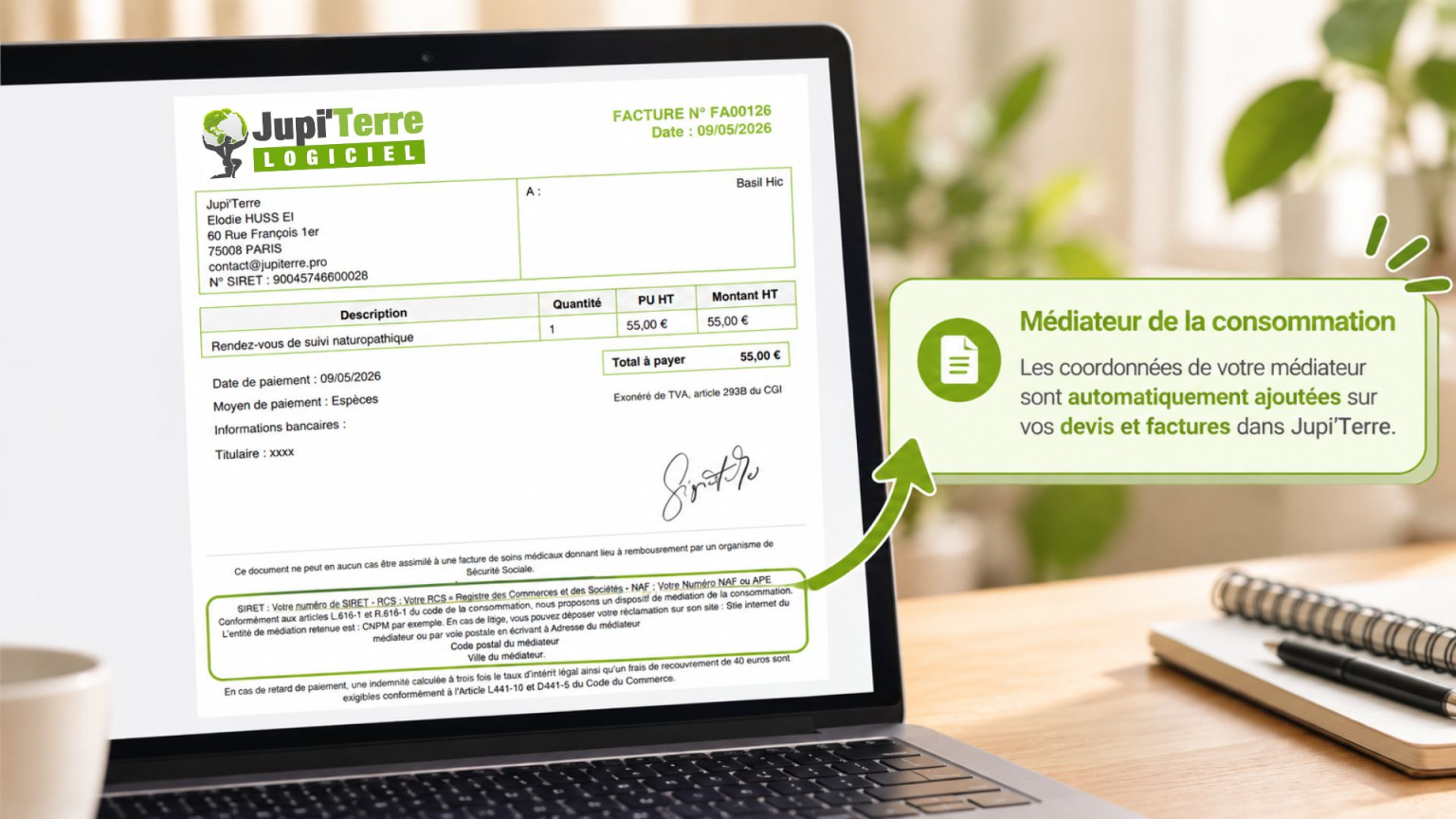 Facture générée avec Jupi'Terre affichant automatiquement les coordonnées du médiateur de la consommation.