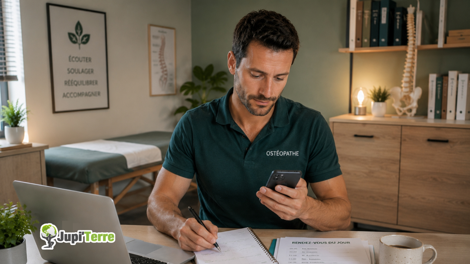 Ostéopathe répondant à des messages entre deux consultations, assis à son bureau avec agenda, téléphone et ordinateur dans un cabinet organisé et apaisant.
