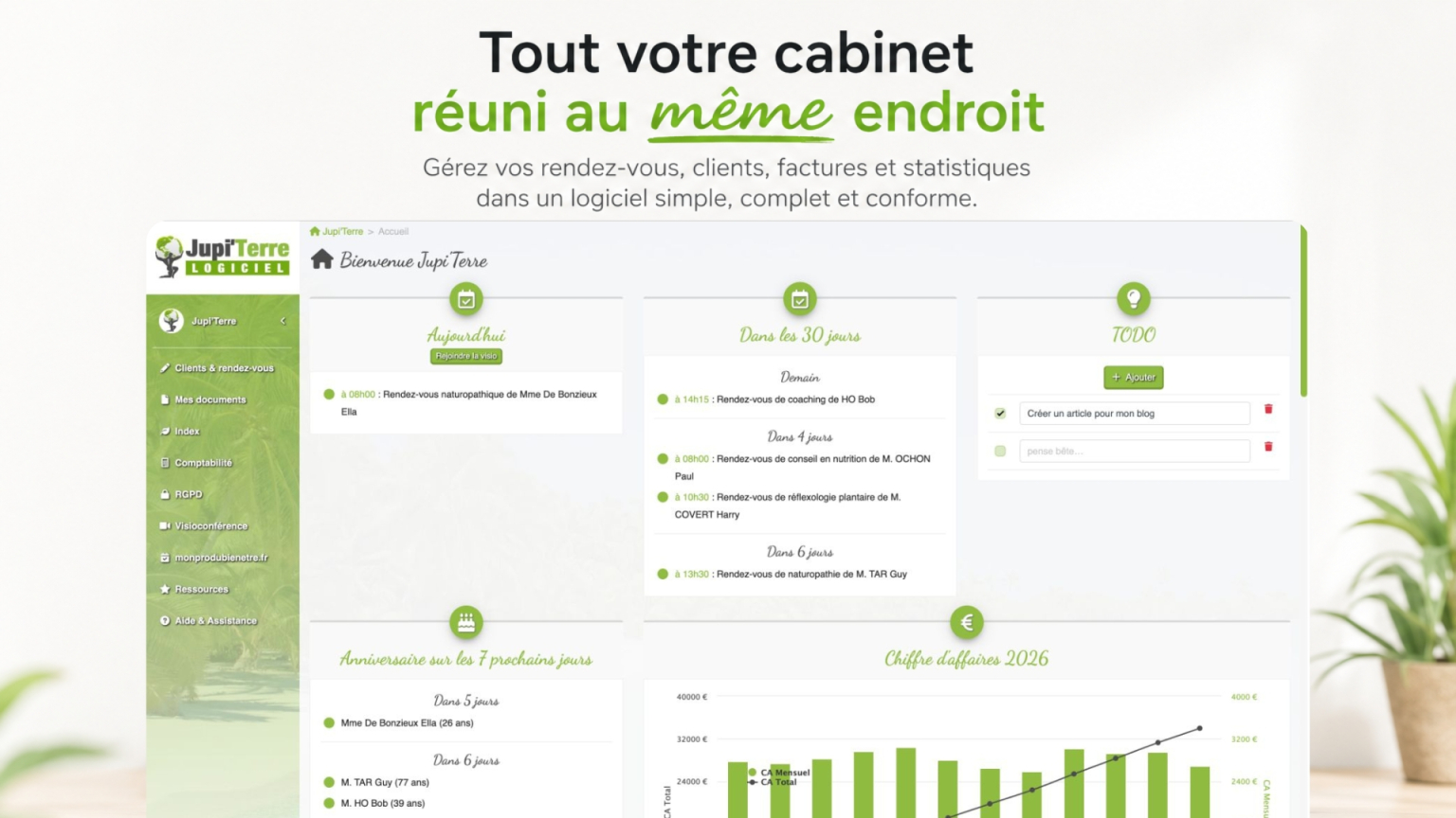 Logiciel de gestion de cabinet Jupi'Terre centralisant rendez-vous, clients, factures, comptabilité et statistiques dans une seule plateforme conforme et intuitive.