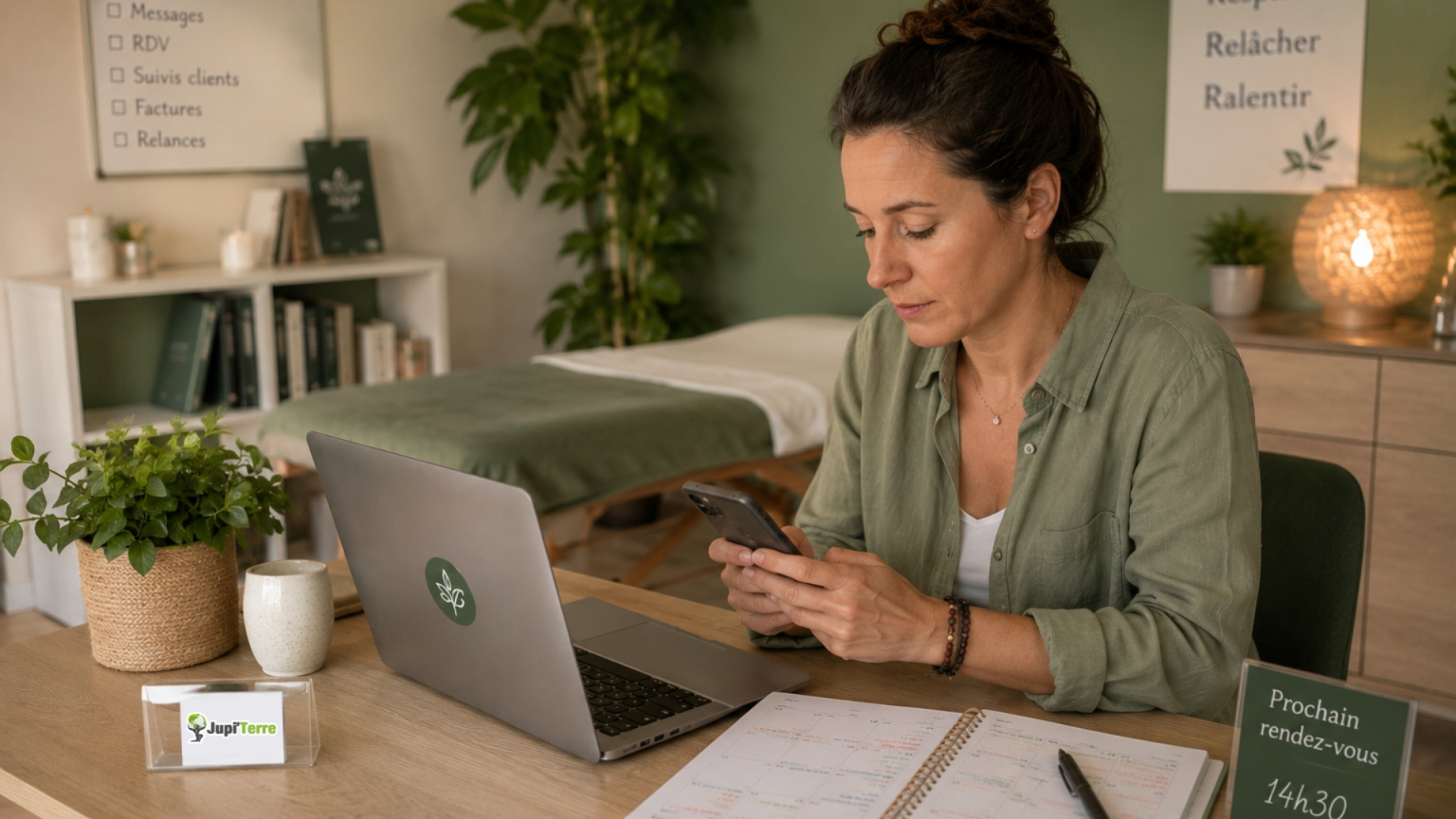Praticienne du bien-être répondant à des messages entre deux rendez-vous, assise à son bureau avec agenda papier, téléphone et ordinateur dans un cabinet aux tons verts et beiges.