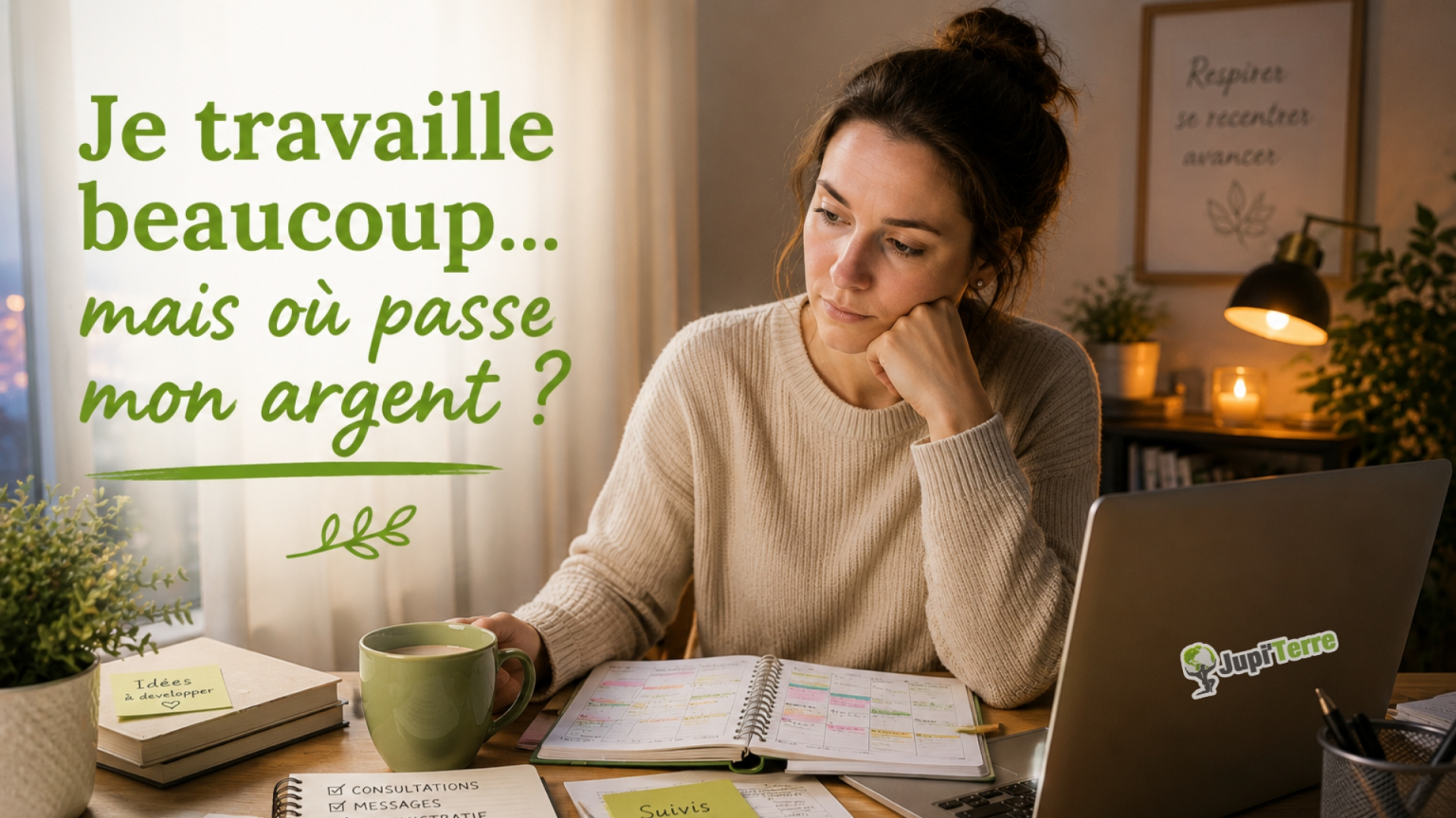 Praticienne réfléchissant à la rentabilité de son activité devant un agenda rempli et un ordinateur de gestion de cabinet.