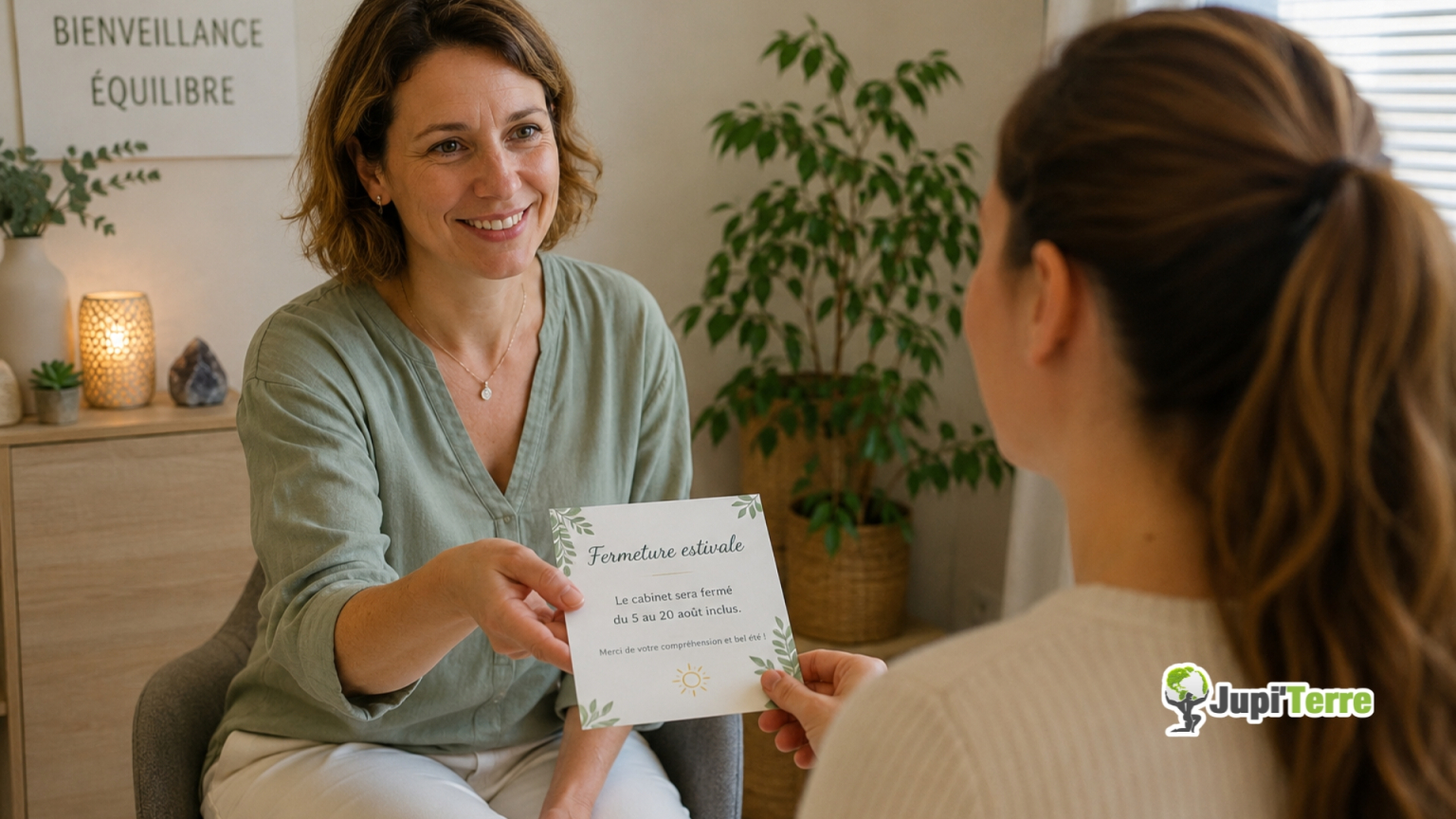 Praticienne informant son client des dates de fermeture du cabinet avant les vacances.