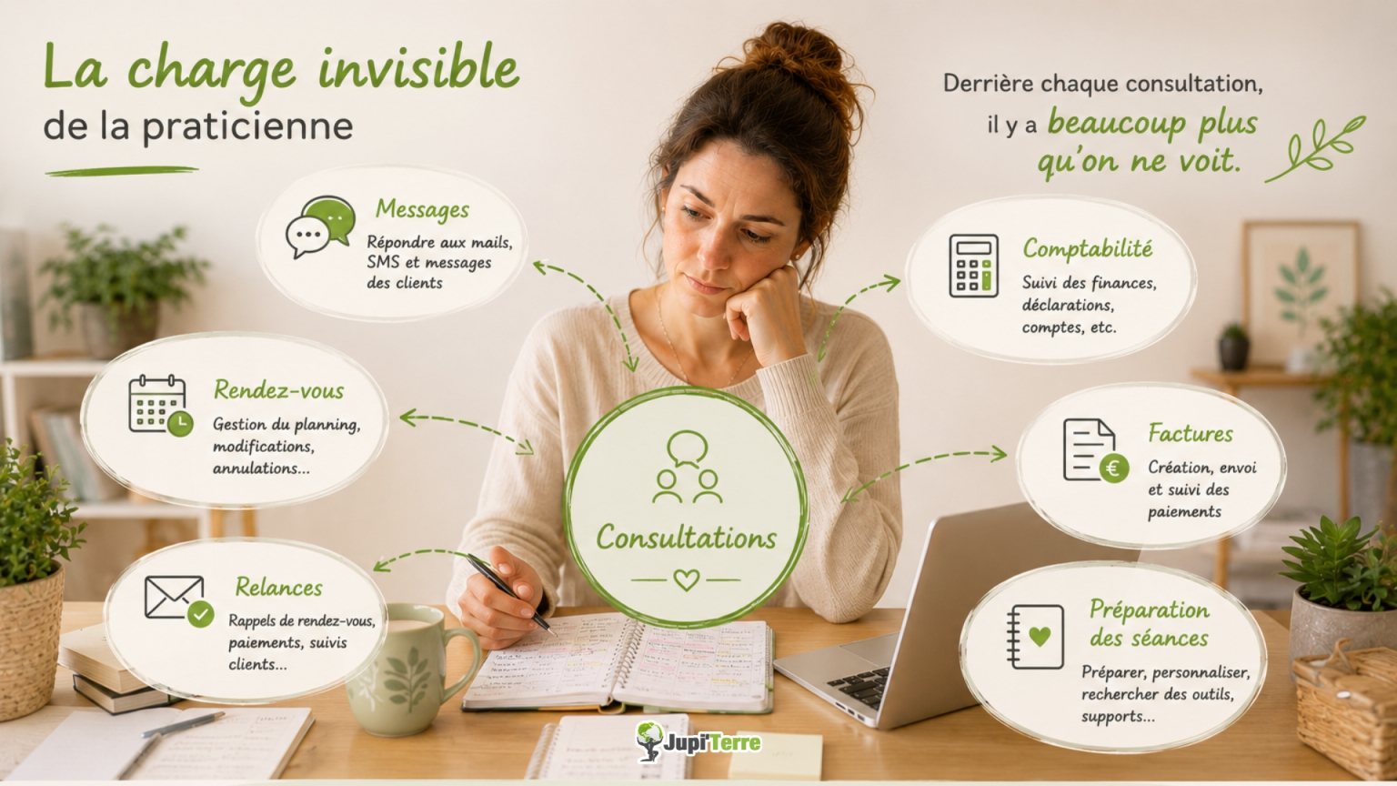 Schéma de la charge de travail invisible des praticiens&nbsp;: consultations, gestion administrative, comptabilité, rendez-vous, facturation et suivi des clients.