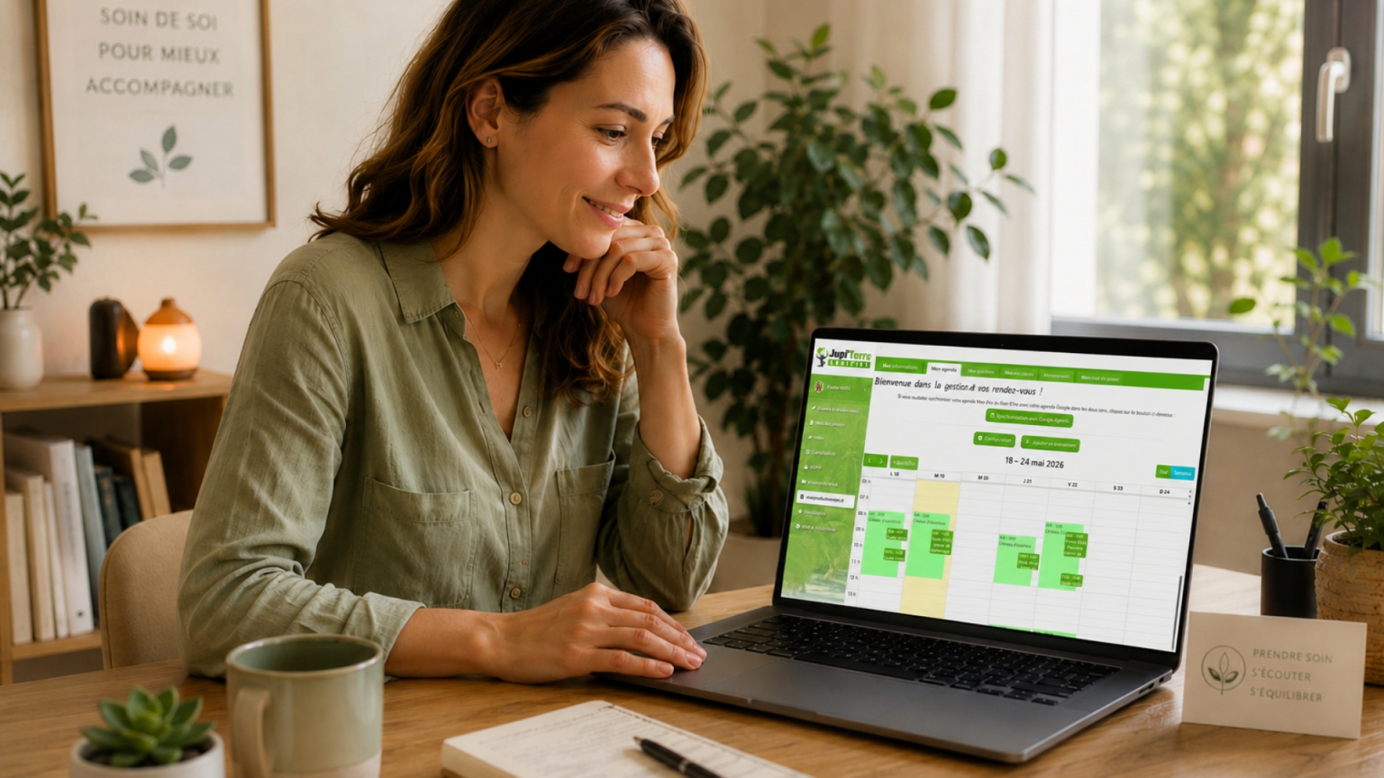 Praticienne souriante dans un cabinet moderne et apaisant, consultant un agenda bien rempli sur son ordinateur portable. L'espace est lumineux et chaleureux, avec une décoration naturelle dans des tons beige et vert doux, inspirée d'un environnement professionnel serein et organisé.