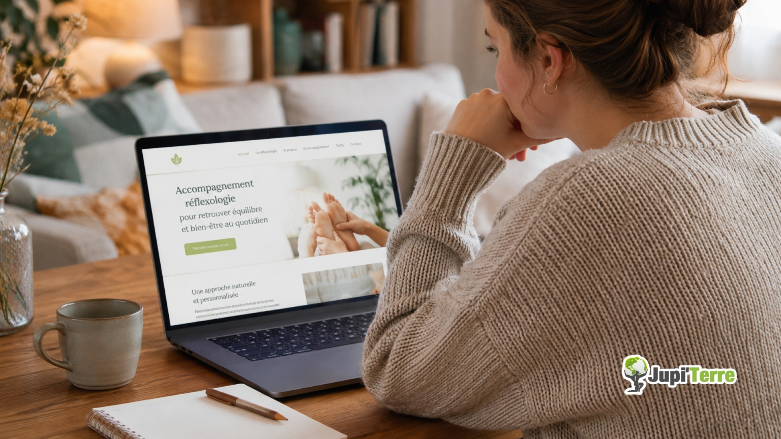 Une future cliente découvre le site d'une praticienne avant de prendre rendez-vous.