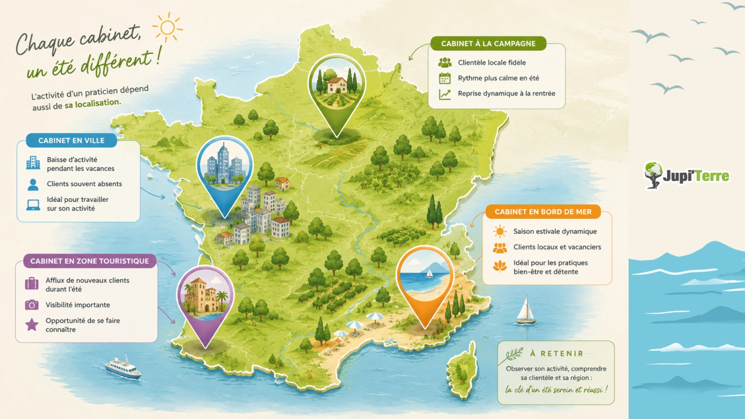 Illustration montrant que l'activité estivale d'un praticien dépend de sa localisation.