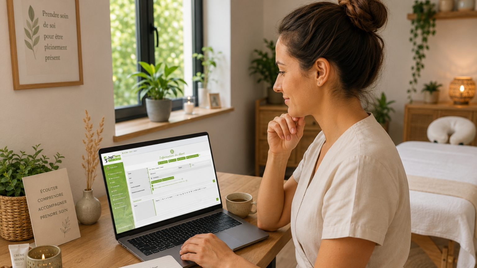 Réflexologue préparant sereinement la consultation d'une cliente.