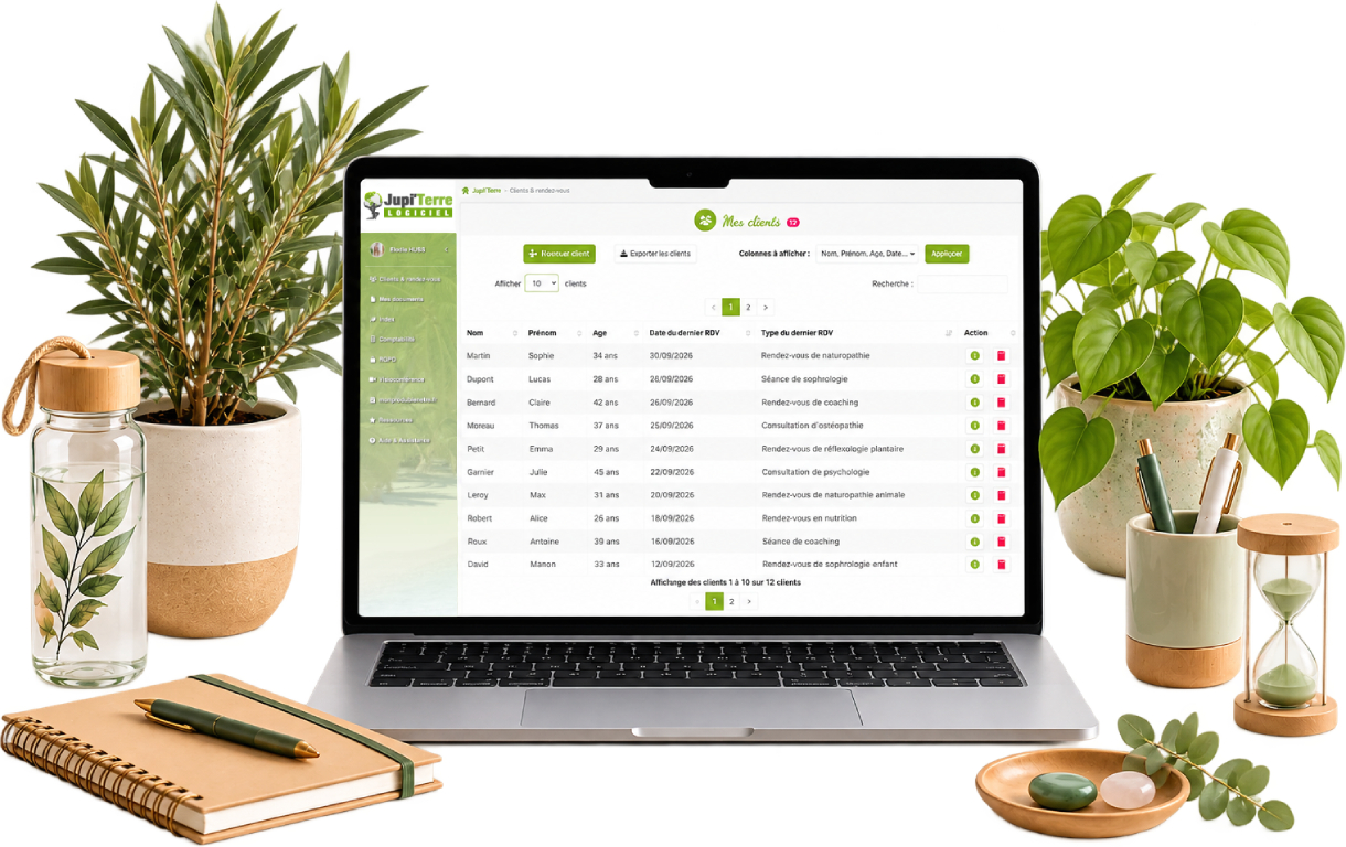 Interface de gestion des dossiers clients et patients du logiciel Jupi'Terre, affichée sur un ordinateur portable entouré de plantes et d'accessoires de bureau.