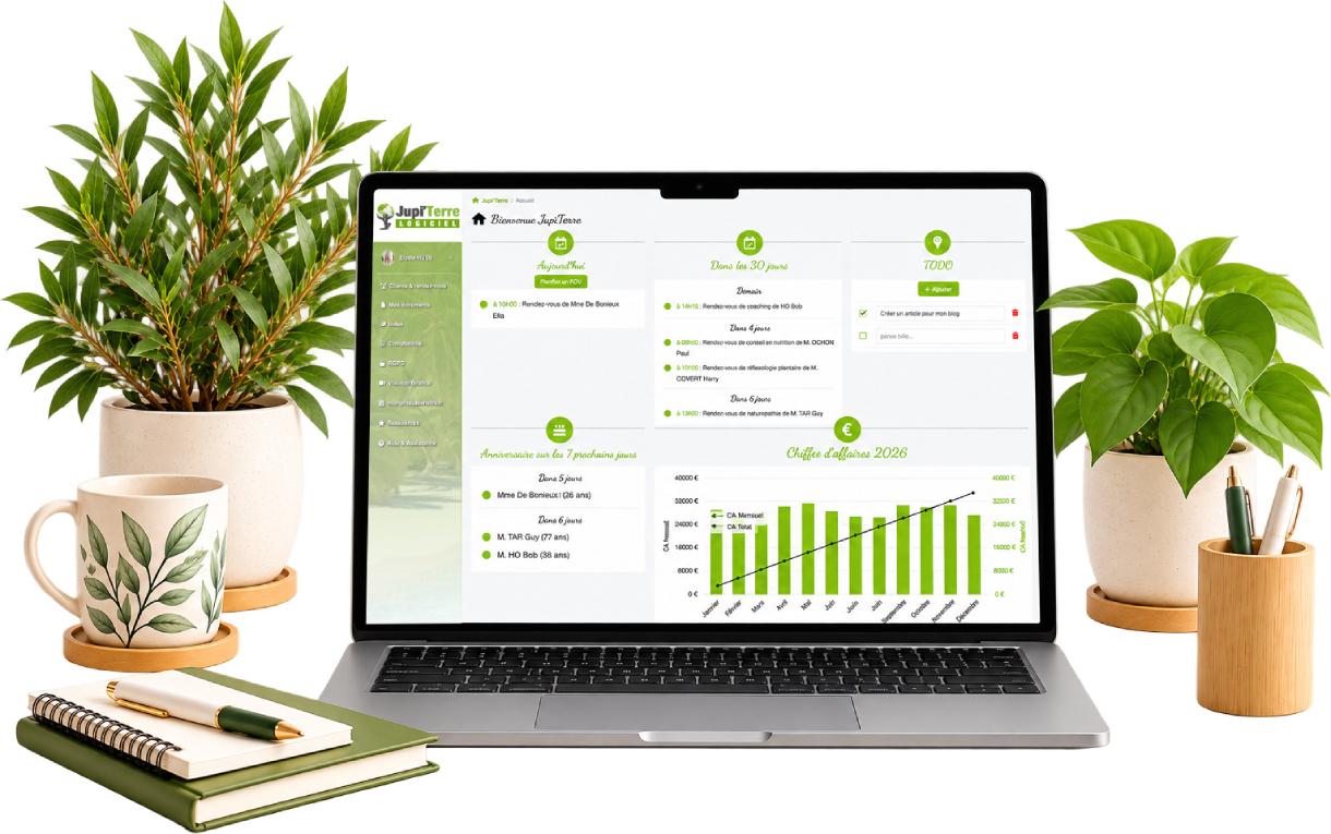 Logiciel de gestion Jupi'Terre affiché sur un ordinateur portable, entouré de plantes, d'une tasse et d'un carnet.
