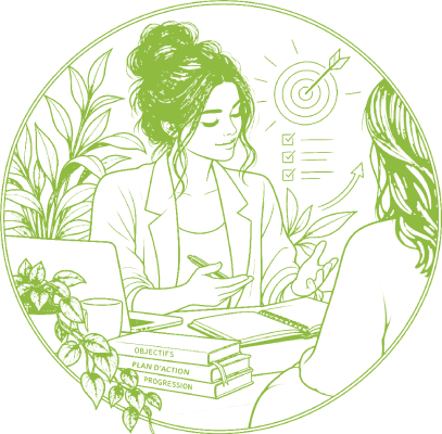 Illustration d'une coach accompagnant une cliente lors d'une séance de coaching
