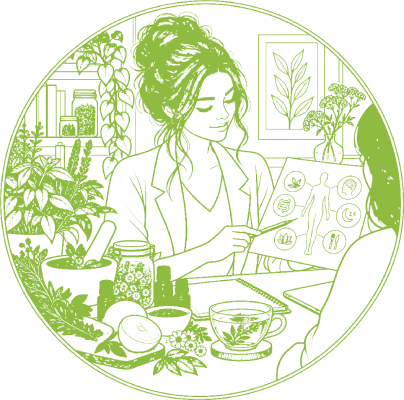 Illustration d'une naturopathe accompagnant une cliente dans un cabinet de naturopathie