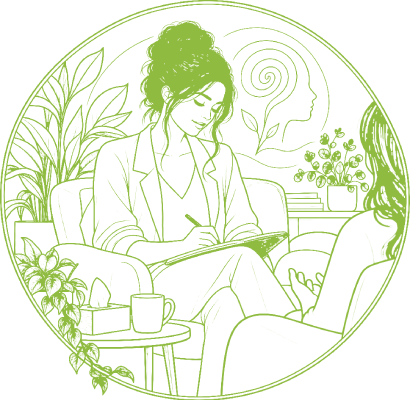 Illustration d'une psychologue échangeant avec une patiente en consultation