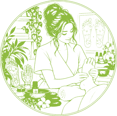 Illustration d'une réflexologue pratiquant une séance de réflexologie plantaire
